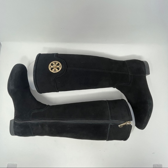 Tory Burch Women's Size 8.5 Selma Softy Suede Riding Logo Black Boots 4196 - Picture 3 of 12